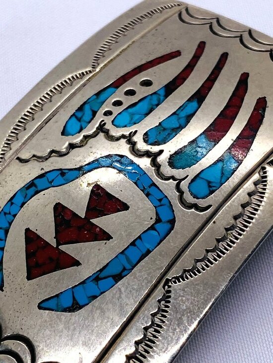 Southwest Signed Sterling Silver Turquoise Shell Inlay Buckle main image 10
